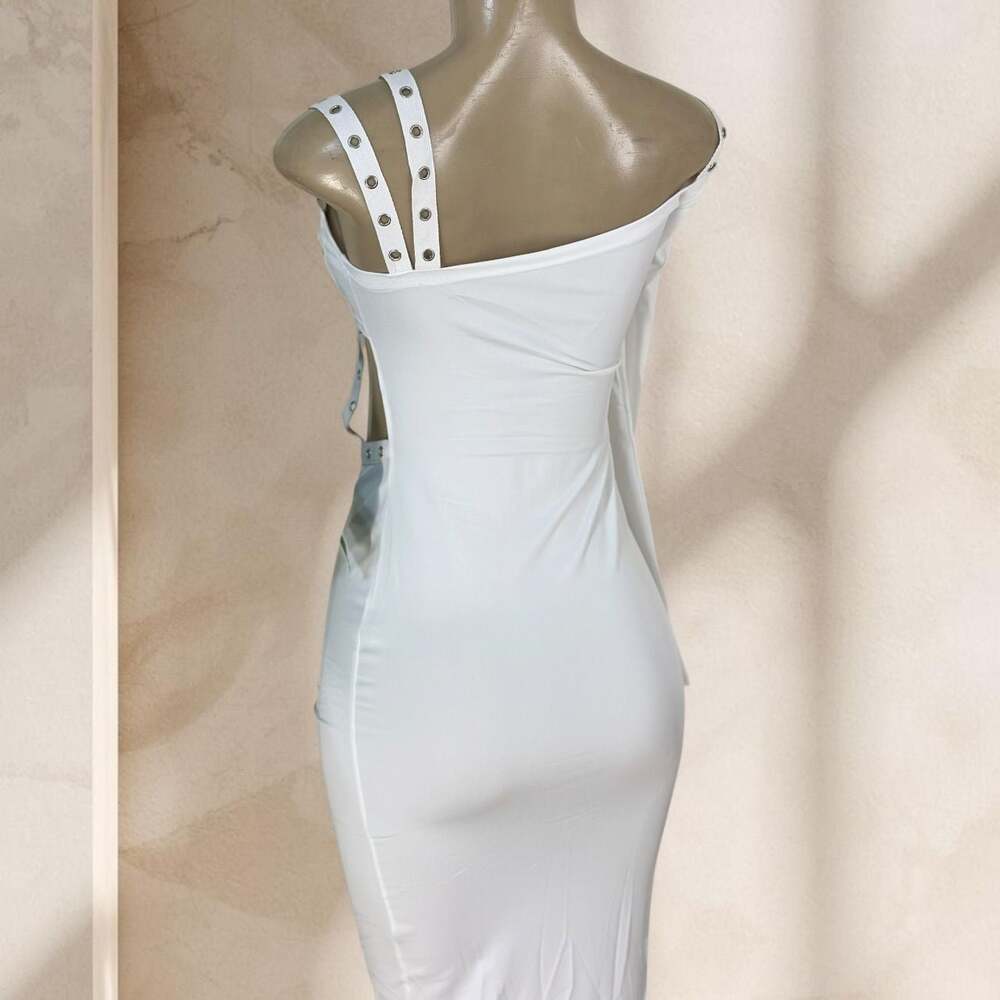 White Cutout Midi Dress – One Sleeve Bodycon Stud Detail Side Slit Sexy ✧ M - Picture 3 of 3